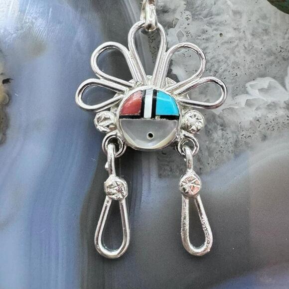 Ola Eriacho Zuni Sterling Silver Multistone Inlay Sunburst Pendant For Women - Picture 4 of 10
